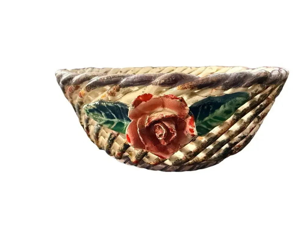 Vintage Spain HandPainted Openwork Pottery Basket Floral Rose Bowl Cottage Decor